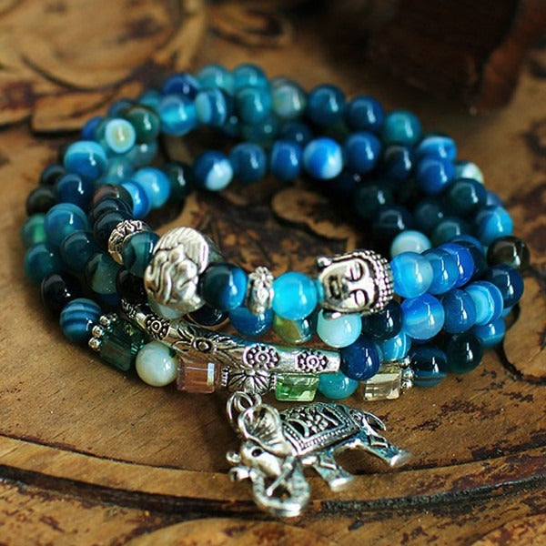 Tibet 108 Beads Silver Buddha Natural Agate Healing Bracelet