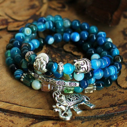 Tibet 108 Beads Silver Buddha Natural Agate Healing Bracelet