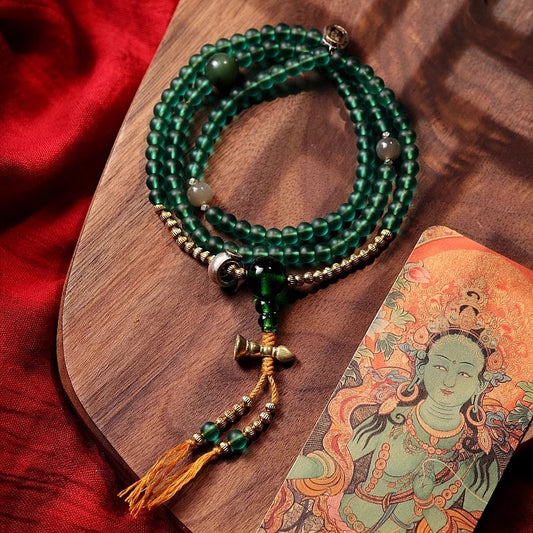 Tibetan 108 Beads Handmade Green Glass Green Tara Buddha Prayer Mala Spiritual Practice Bracelet