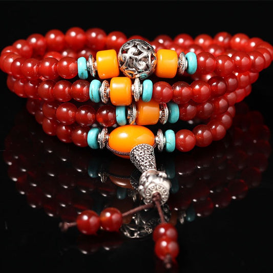 Tibetan 108 Beads Natural Red Agate Beeswax Healing Prosperity Bracelet Mala