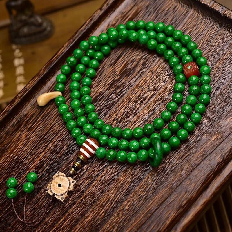 Tibetan 108 Mala Green Agate Beads Spiritual Healing & Protection Bracelet Necklace