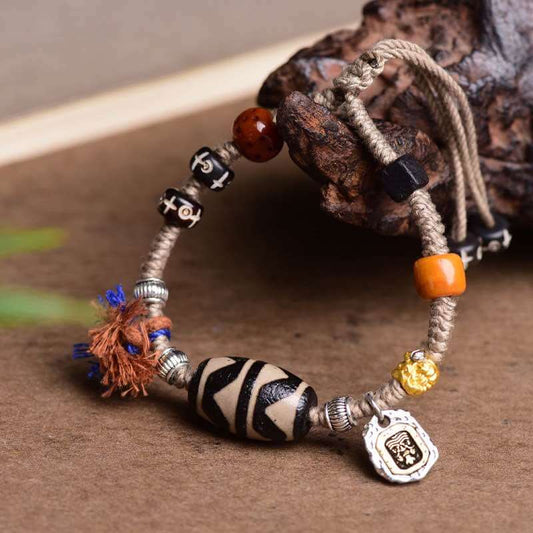 Tibetan Tiger Tooth Dzi Bead Courage Weaving Bracelet