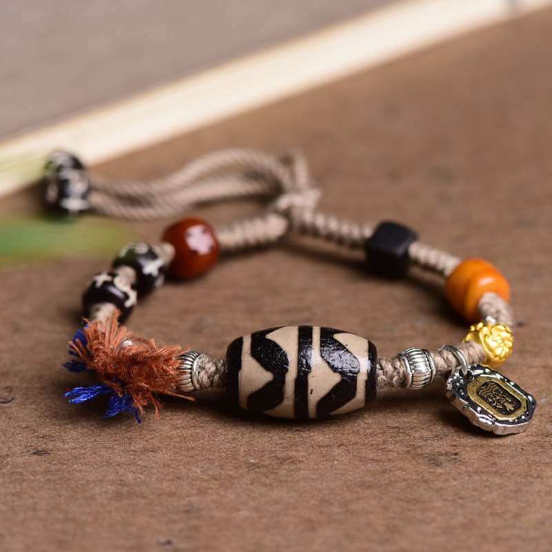 Tibetan Tiger Tooth Dzi Bead Courage Weaving Bracelet