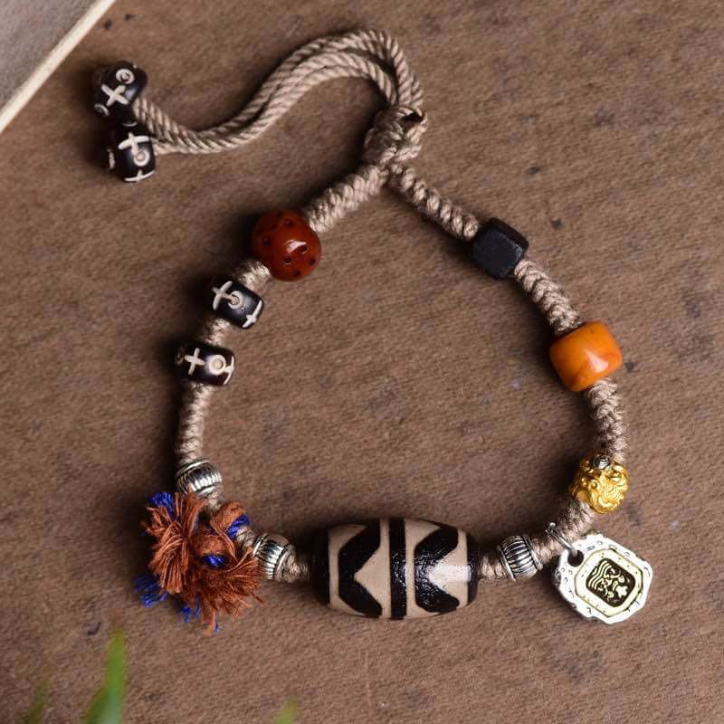 Tibetan Tiger Tooth Dzi Bead Courage Weaving Bracelet