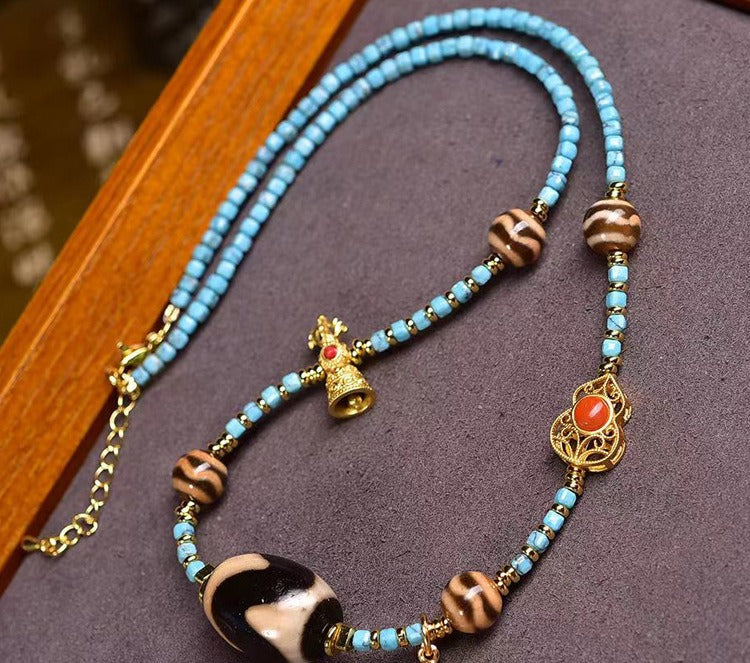 Tibetan Tiger Tooth Dzi Turquoise Protection Wealth Necklace