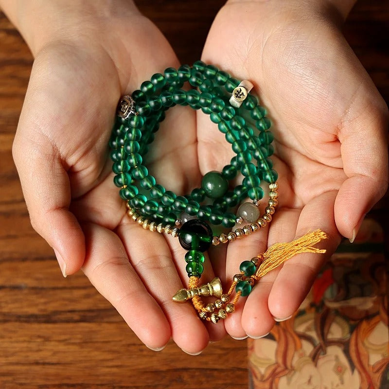 Tibetan 108 Beads Handmade Green Glass Green Tara Buddha Prayer Mala Spiritual Practice Bracelet