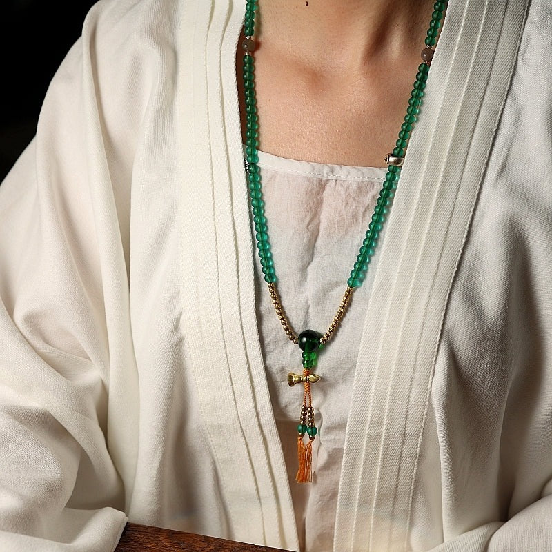 Tibetan 108 Beads Handmade Green Glass Green Tara Buddha Prayer Mala Spiritual Practice Bracelet