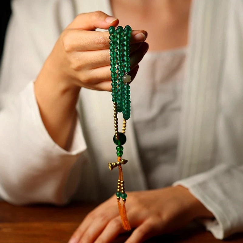 Tibetan 108 Beads Handmade Green Glass Green Tara Buddha Prayer Mala Spiritual Practice Bracelet