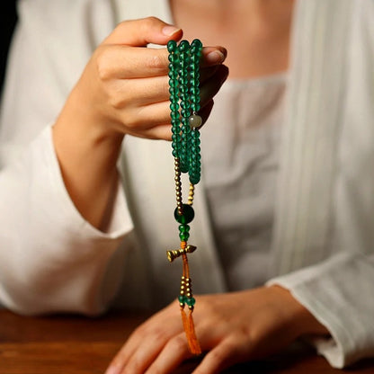 Tibetan 108 Beads Handmade Green Glass Green Tara Buddha Prayer Mala Spiritual Practice Bracelet