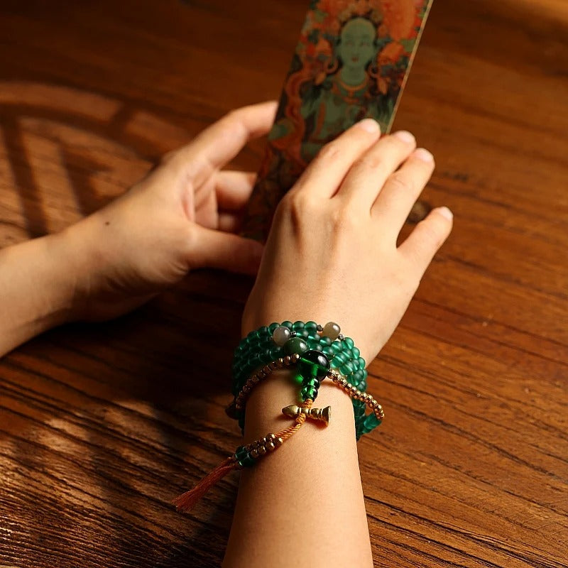Tibetan 108 Beads Handmade Green Glass Green Tara Buddha Prayer Mala Spiritual Practice Bracelet