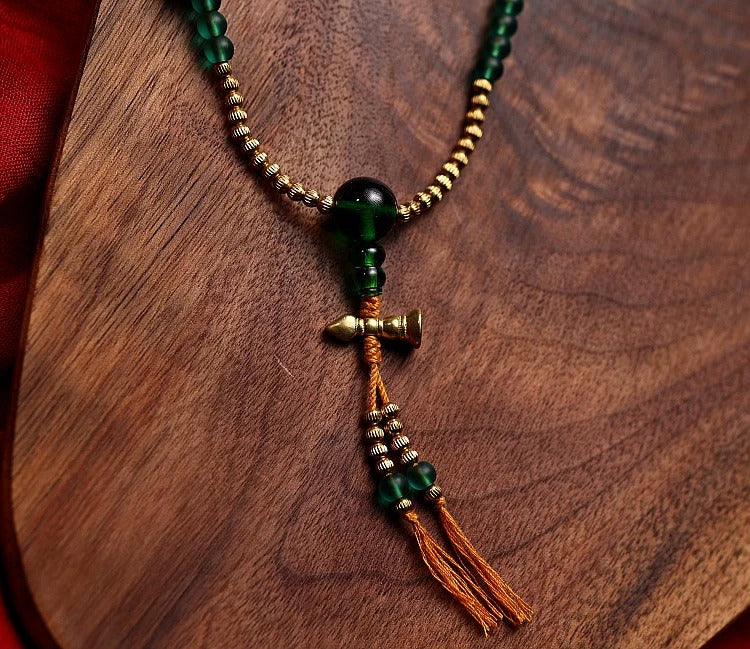 Tibetan 108 Beads Handmade Green Glass Green Tara Buddha Prayer Mala Spiritual Practice Bracelet