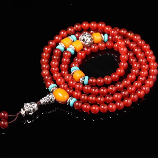 Tibetan 108 Beads Natural Red Agate Beeswax Healing Prosperity Bracelet Mala