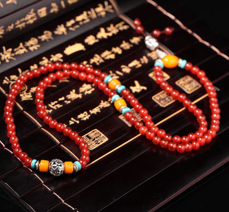 Tibetan 108 Beads Natural Red Agate Beeswax Healing Prosperity Bracelet Mala