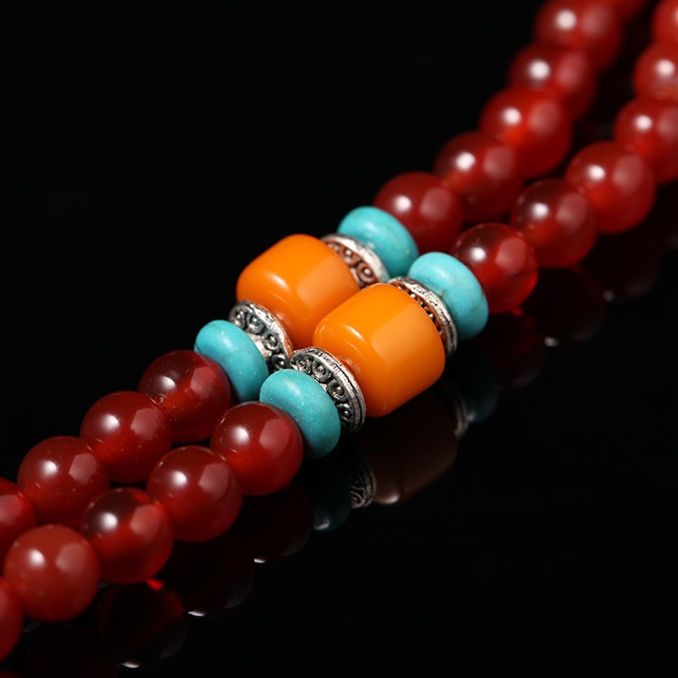 Tibetan 108 Beads Natural Red Agate Beeswax Healing Prosperity Bracelet Mala