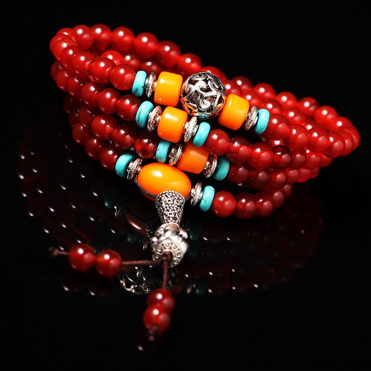 Tibetan 108 Beads Natural Red Agate Beeswax Healing Prosperity Bracelet Mala