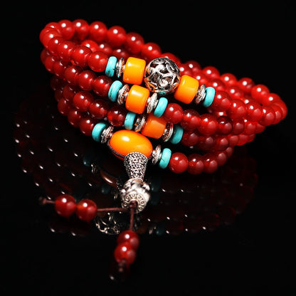 Tibetan 108 Beads Natural Red Agate Beeswax Healing Prosperity Bracelet Mala