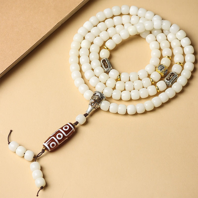 Tibetan 108 Mala Beads White Jade Bodhi Seed Dzi Bead Keep Away Evil Spirits Bracelet