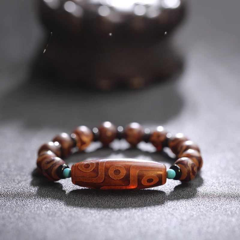 Tibetan Natural Agate Nine-Eye Dzi Bead Prosperity String Bracelet