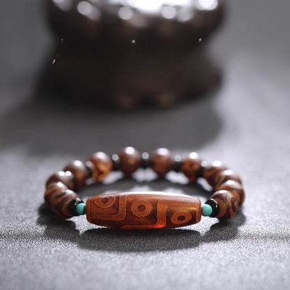 Tibetan Natural Agate Nine-Eye Dzi Bead Prosperity String Bracelet