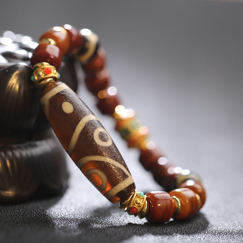 Tibetan Natural Agate Nine-Eye Dzi Bead Prosperity String Bracelet