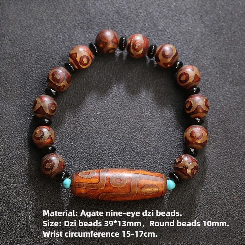 Tibetan Natural Agate Nine-Eye Dzi Bead Prosperity String Bracelet