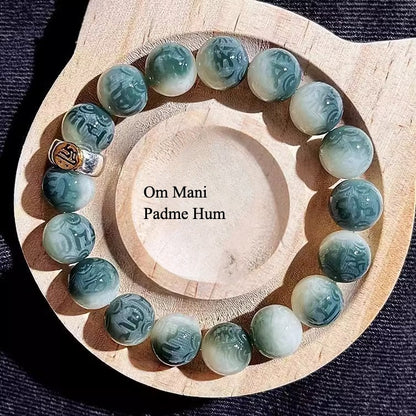 White Jade Bodhi  Zodiac Om Mani Padme Hum Buddha Bracelet