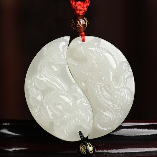 White Jade Couple Dragon Phoenix Love Pendant Gift