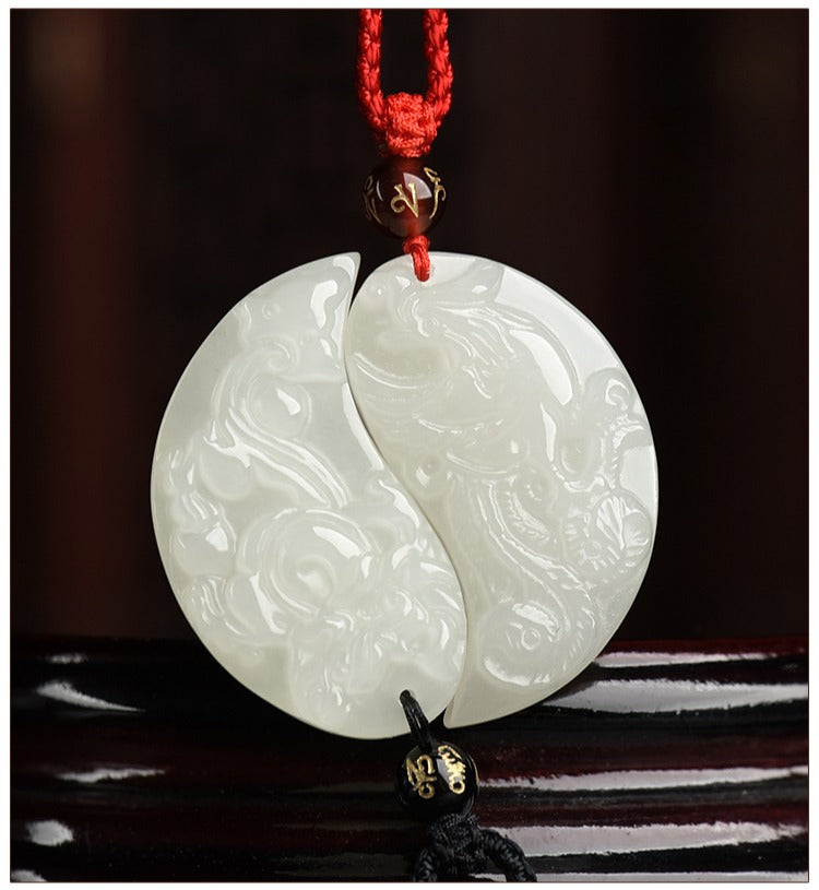 White Jade Couple Dragon Phoenix Love Pendant Gift