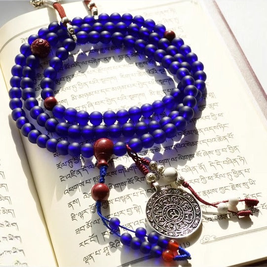 Zen Healing 108 Mala Beads Nepalese Blue Liuli Glass Bead Calm Bracelet