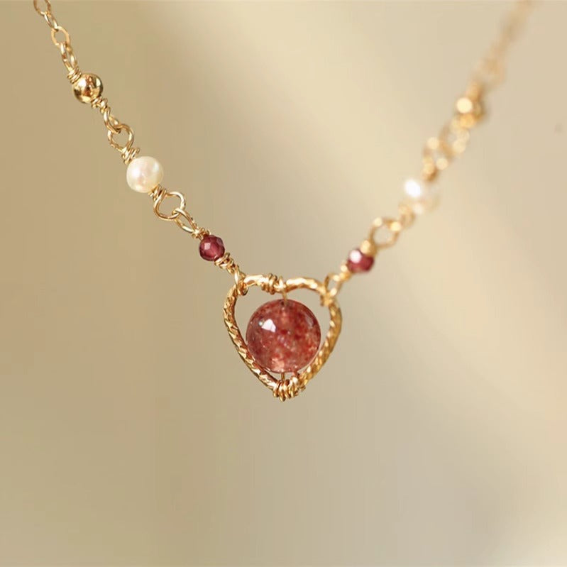 Zen Healing 14K Gold Plated Strawberry Quartz Heart Pendant Love Necklace