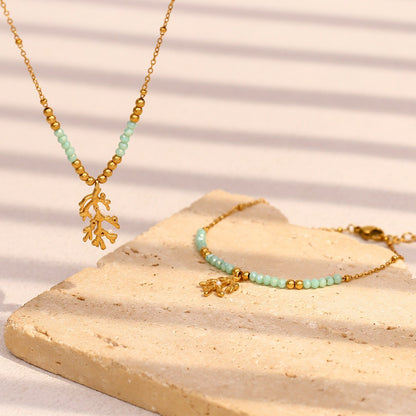 Zen Healing 18K Gold Plated Green Stone Branch Pendant Necklace & Bracelet
