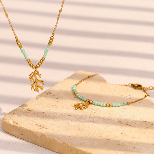Zen Healing 18K Gold Plated Green Stone Branch Pendant Necklace & Bracelet
