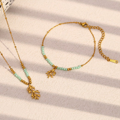 Zen Healing 18K Gold Plated Green Stone Branch Pendant Necklace & Bracelet