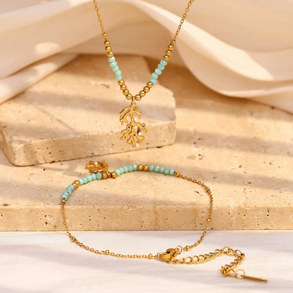 Zen Healing 18K Gold Plated Green Stone Branch Pendant Necklace & Bracelet