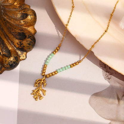 Zen Healing 18K Gold Plated Green Stone Branch Pendant Necklace & Bracelet