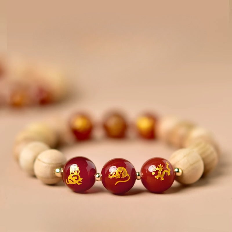 Zen Healing 2025 Chinese Zodiac Red agate Peach Wood Amulet Protection Bracelet