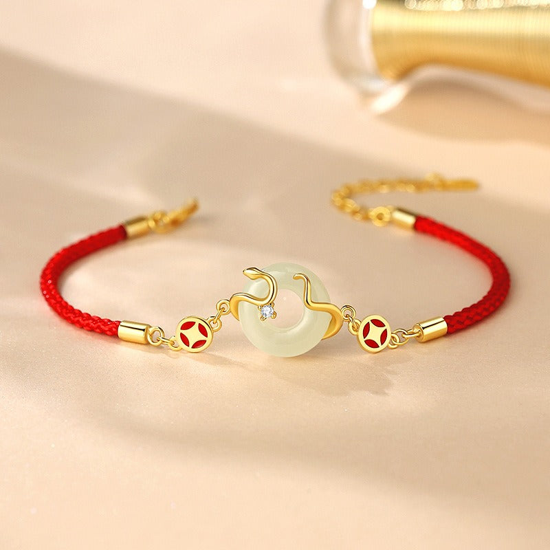 Zen Healing 925 Silver Jade Year of snake Coin Red String Protection Braided Bracelet