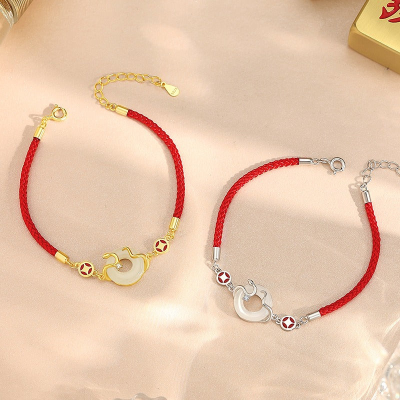 Zen Healing 925 Silver Jade Year of snake Coin Red String Protection Braided Bracelet