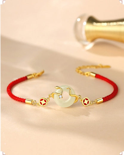 Zen Healing 925 Silver Jade Year of snake Coin Red String Protection Braided Bracelet