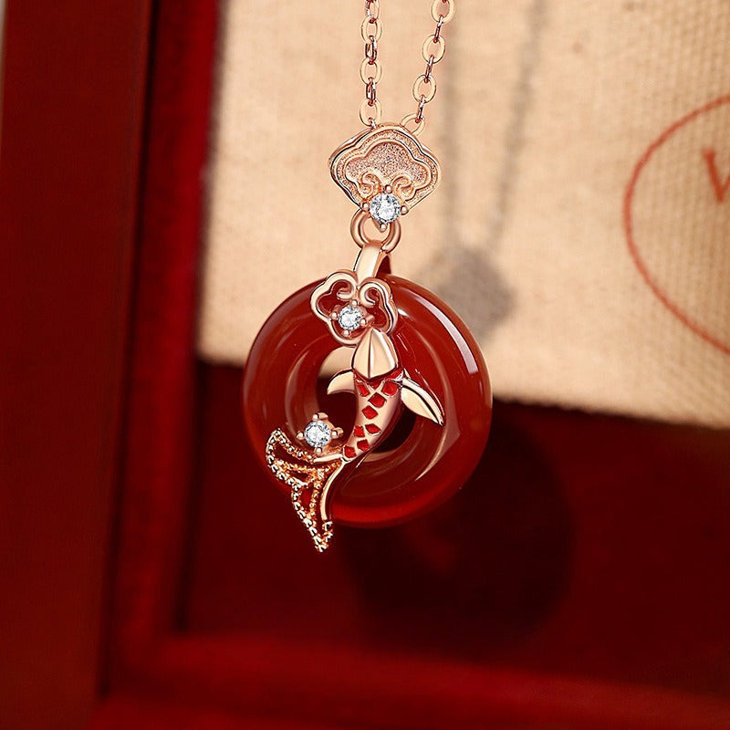 Zen Healing 925 Silver Agate Koi Fish Peace Necklace Pendant