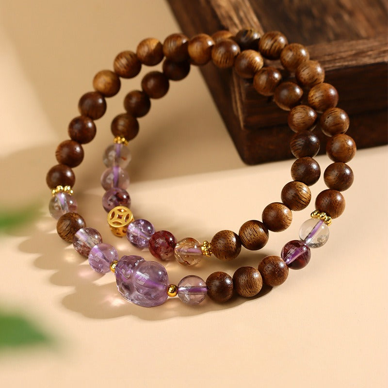 Zen Healing Amethyst Ametrine Agarwood Pixiu Double Circle Luck Bracelet