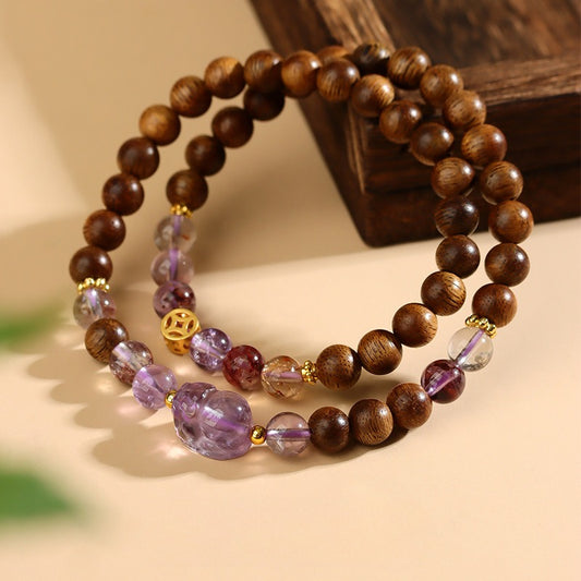 Zen Healing Amethyst Ametrine Agarwood Pixiu Double Circle Luck Bracelet