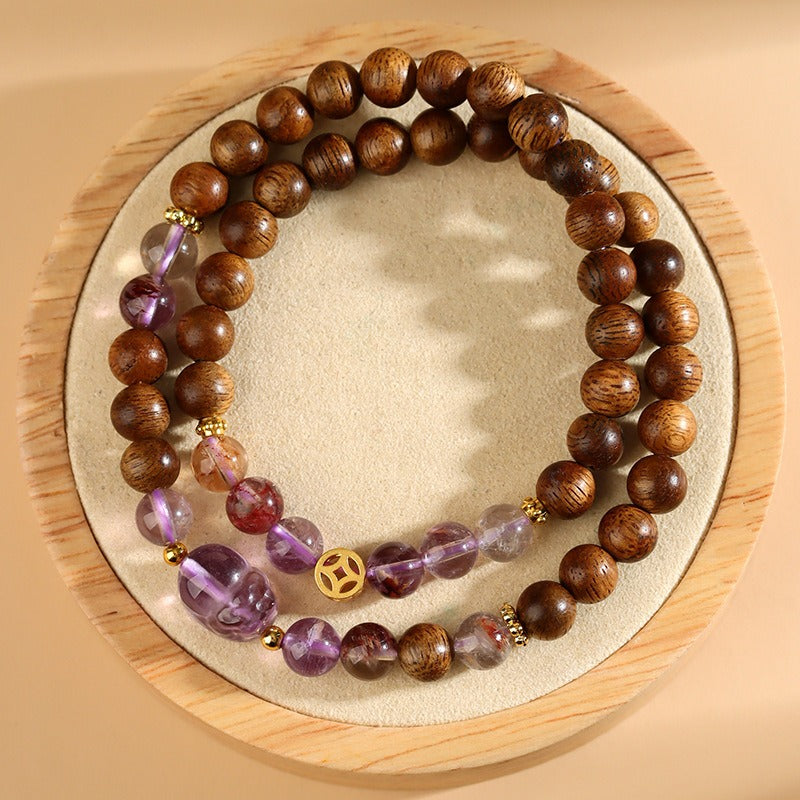 Zen Healing Amethyst Ametrine Agarwood Pixiu Double Circle Luck Bracelet