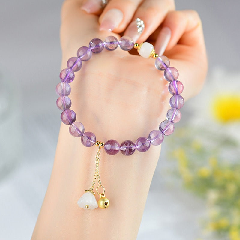 Zen Healing Amethyst Crystal Beads Bracelet Spiritual Lotus Bell Charm Bracelet