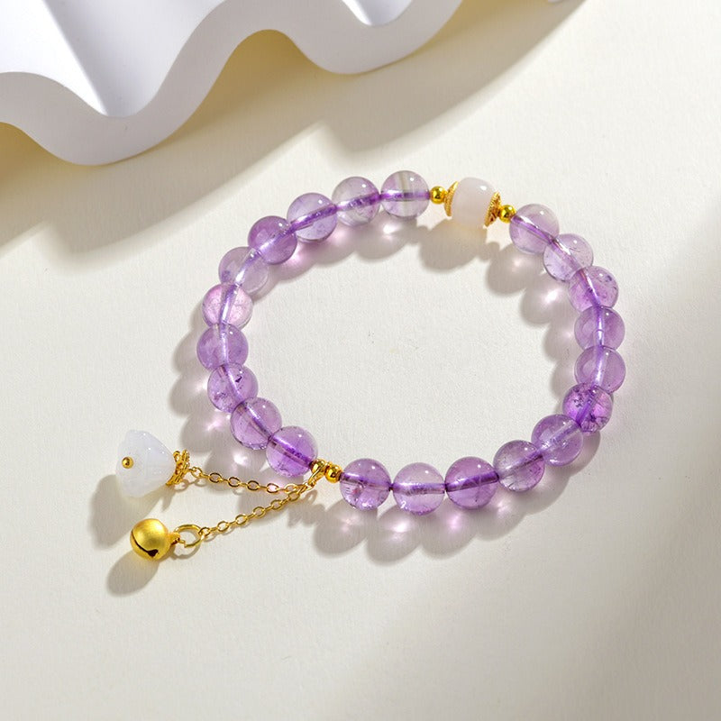 Zen Healing Amethyst Crystal Beads Bracelet Spiritual Lotus Bell Charm Bracelet