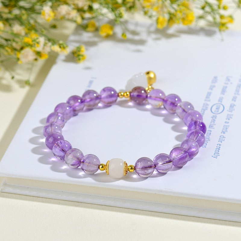 Zen Healing Amethyst Crystal Beads Bracelet Spiritual Lotus Bell Charm Bracelet