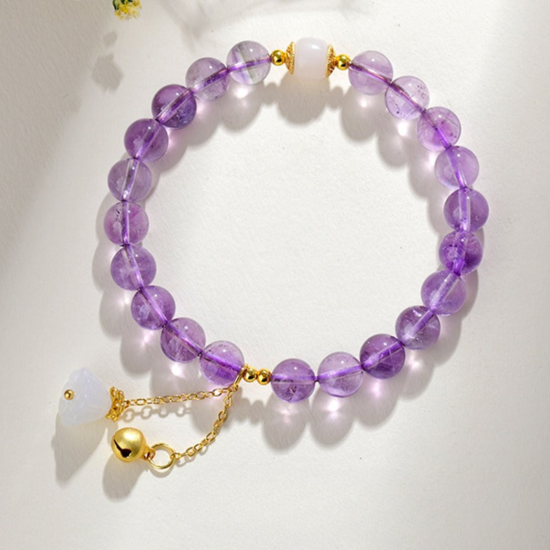 Zen Healing Amethyst Crystal Beads Bracelet Spiritual Lotus Bell Charm Bracelet