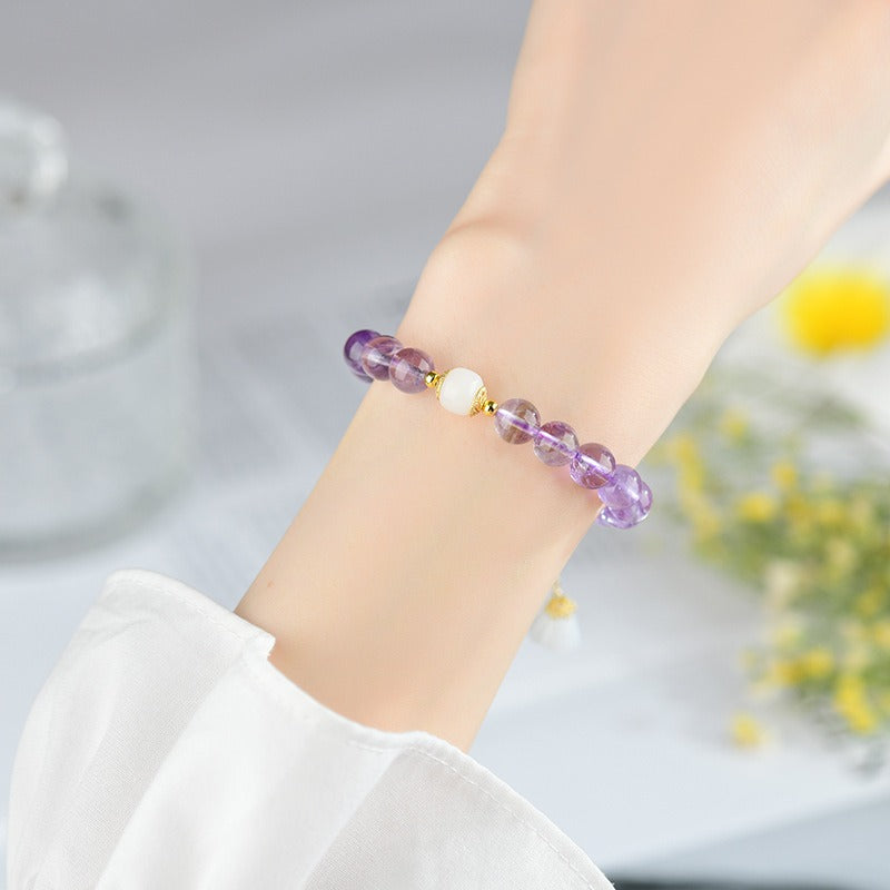 Zen Healing Amethyst Crystal Beads Bracelet Spiritual Lotus Bell Charm Bracelet