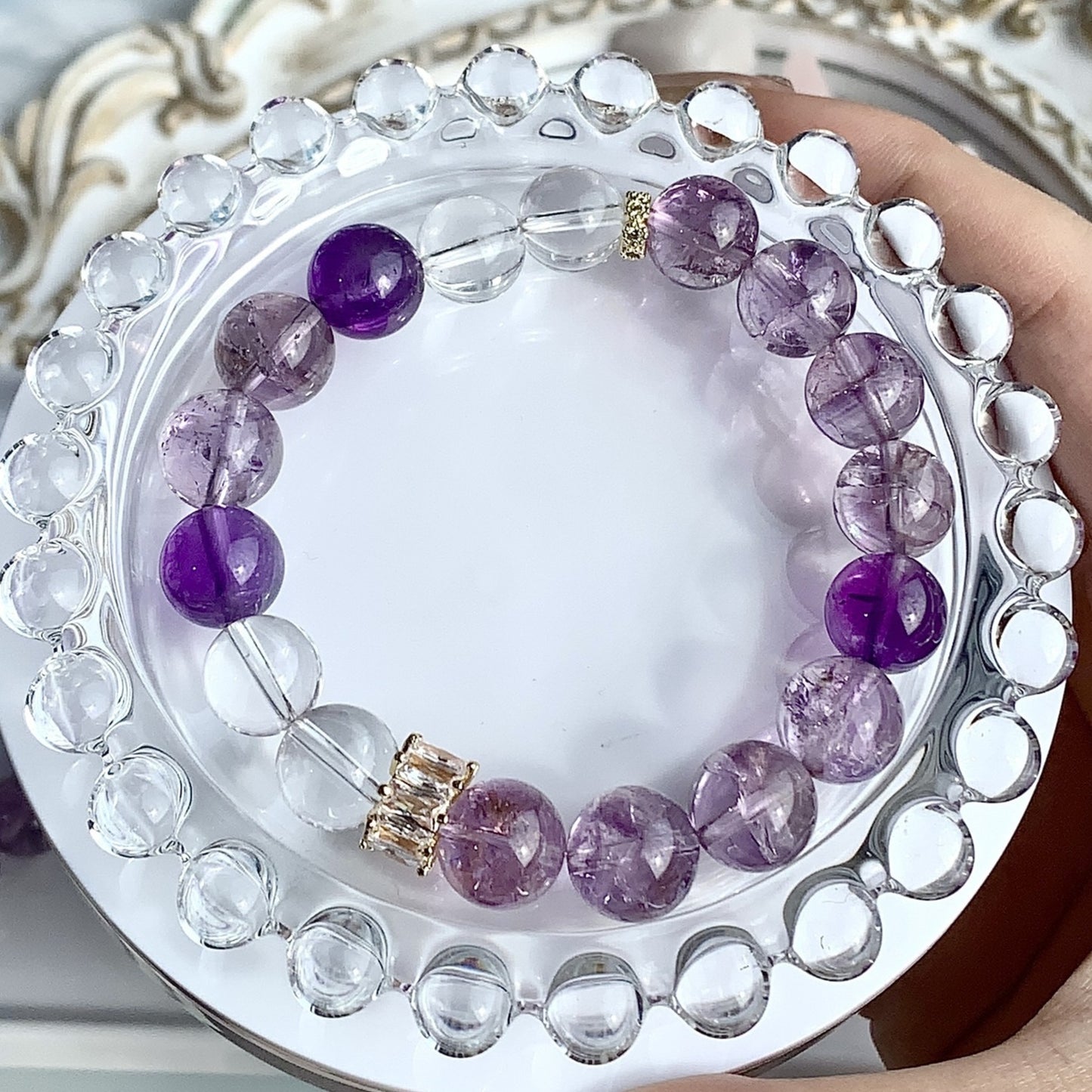 Zen Healing Amethyst Crystal Clear Quartz Wisdom Bracelet