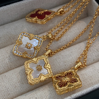 Zen Healing Baroque 24K Gold Plated Floral Clover Pendant Necklace